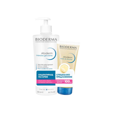 Bioderma Atoderm Intensive Гел-крем ултра-успокояваща охлаждаща грижа 500мл + Atoderm Huile de Douche Ултра-подхранващо душ-олио 100мл Промо