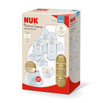 NUK NATURE SENSE СЕТ Softer стъклени шишета + бибeрон залъгалка силикон 0-6мес.