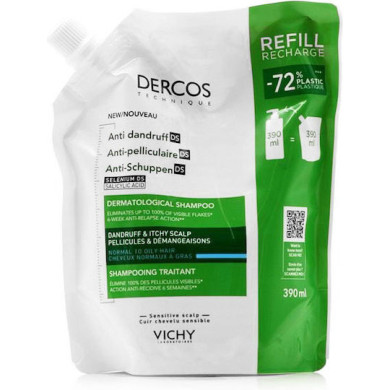 Vichy Dercos DS Шампоан  за борба с мазен пърхот и сърбящ скалп РЕФИЛ 390ml.