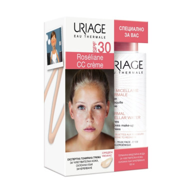 URIAGE ROSELIANE - CC CREAM SPF30 ХИДРАТИРАЩ ЗАЩИТЕН КРЕМ ЗА КОРЕКЦИЯ НА ТЕНА- СРЕДЕН НЮАНС 40мл + ТЕРМАЛНА МИЦЕЛАРНА ВОДА за чувствителна  кожа х 100мл