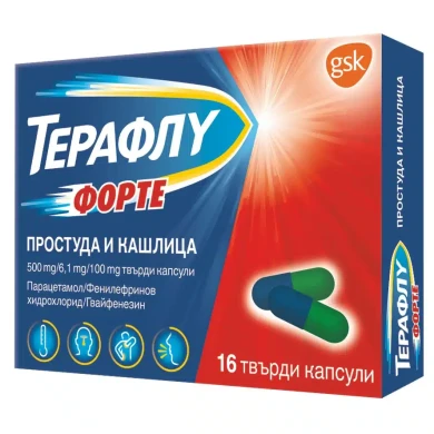 ТЕРАФЛУ ФОРТЕ ПРОСТУДА И КАШЛИЦА капсули х 16