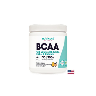 Верижно-разклонени аминокиселини BCAA + витамин D3, Фолиева киселина , биотин, калций (за жени), 300 g прах с вкус на манго