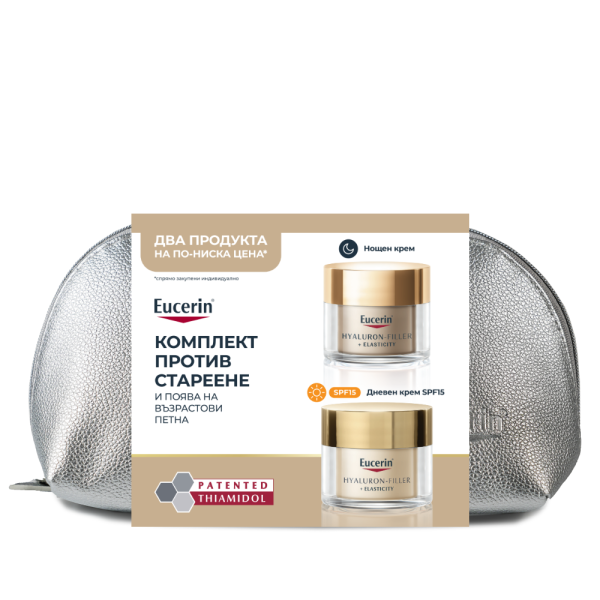 Eucerin® Комплект против стареене и възрастови петна Hyaluron-Filler + Elasticity Дневен крем SPF15 + Hyaluron-Filler + Elasticity Нощен Крем