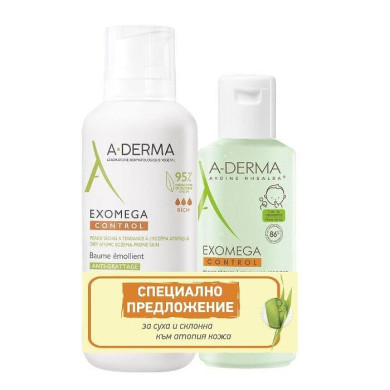A-Derma Exomega Емолиентен балсам 400 ml + Емолиентен почистващ гел 2 в 1 200 ml