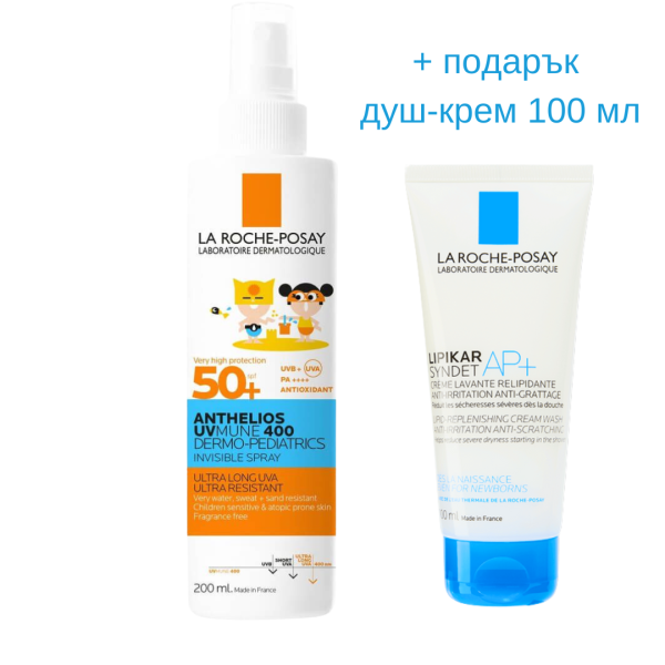 LA ROCHE-POSAY ANTHELIOS UVMUNE ДЕЦА НЕЗАБЕЛЕЖИМ СПРЕЙ SPF50+ МНОГО ВИСОКА UV ЗАЩИТА 200мл + душ-крем 100 мл 
