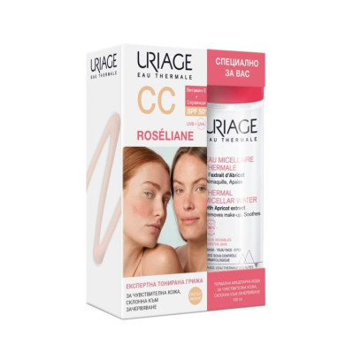 URIAGE ROSELIANE CC CREAM SPF50+ ХИДРАТИРАЩ ЗАЩИТЕН КРЕМ ЗА КОРЕКЦИЯ НА ТЕНА – СВЕТЪЛ НЮАНС 40мл + ТЕРМАЛНА МИЦЕЛАРНА ВОДА за чувствителна  кожа х 100мл