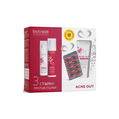 BIOTRADE Промо Комплект  Acne Out 3 стъпки срещу гнойни пъпки и видими несъвършенства + Подарък: Acne Out Измиващ гел 50 мл + Acne Out Хранителна добавка 10 капсули