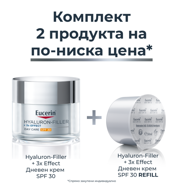 Eucerin® Комплект Hyaluron-Filler Дневен крем SPF30 + РЕФИЛ, 2 x 50мл ПРОМО