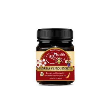 Пчелен мед Манука с пчелна отрова и женшен Ginseng VENZ MGO 100+ Фокус, издръжливост и защита от стрес 250 g