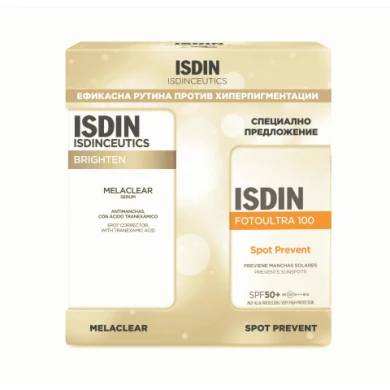ISDIN Melaclear серум против хиперпигментации 30мл. + Fotoultra 100 Spot Prevent SPF50+ слънцезащитен флуид за лице 50мл.