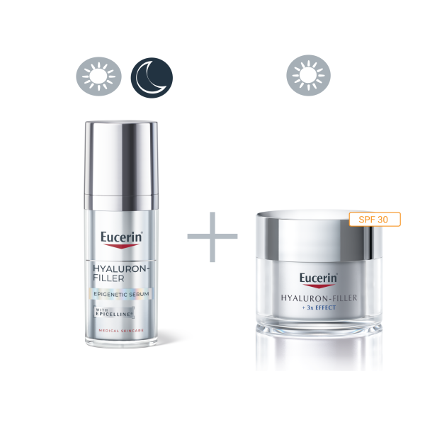 Eucerin® Комплект за 3Х ефект против стареене Epigenetic серум + Hyaluron-Filler Дневен крем SPF30