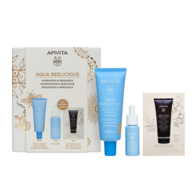 Apivita Aqua Beelicious Тониран хидратиращ озаряващ флуид за лице SPF30 – 40ml + Хидратиращ бустер 10 ml + Черен детоксикиращ измивен гел 5 ml