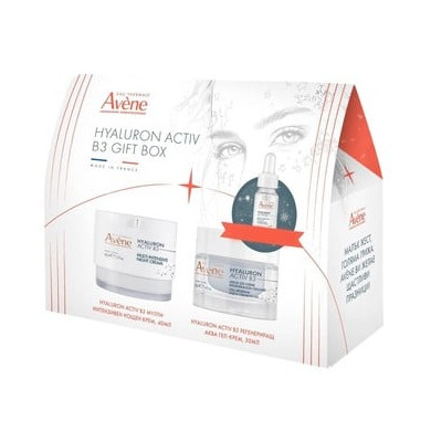 Avene BOX Hyaluron Activ B3 Мулти-интензивен нощен крем за лице 40 мл + Регенериращ аква гел-крем 50 мл + Серум концентрат за лице с изпълващо действие 10 мл + Avene SUN Слънцезащитен анти ейдж флуид SPF50 5 мл Комплект