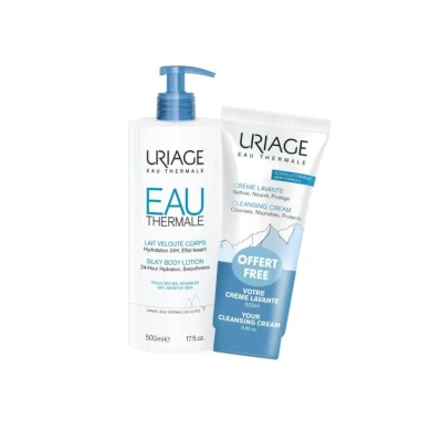 Uriage Eau Thermale Лосион за тяло за 24-часова хидратация за суха и чувствителна кожа 500 мл + Подарък: Uriage Creme Lavante Измиващ крем за лице, тяло и коса 200 мл Комплект